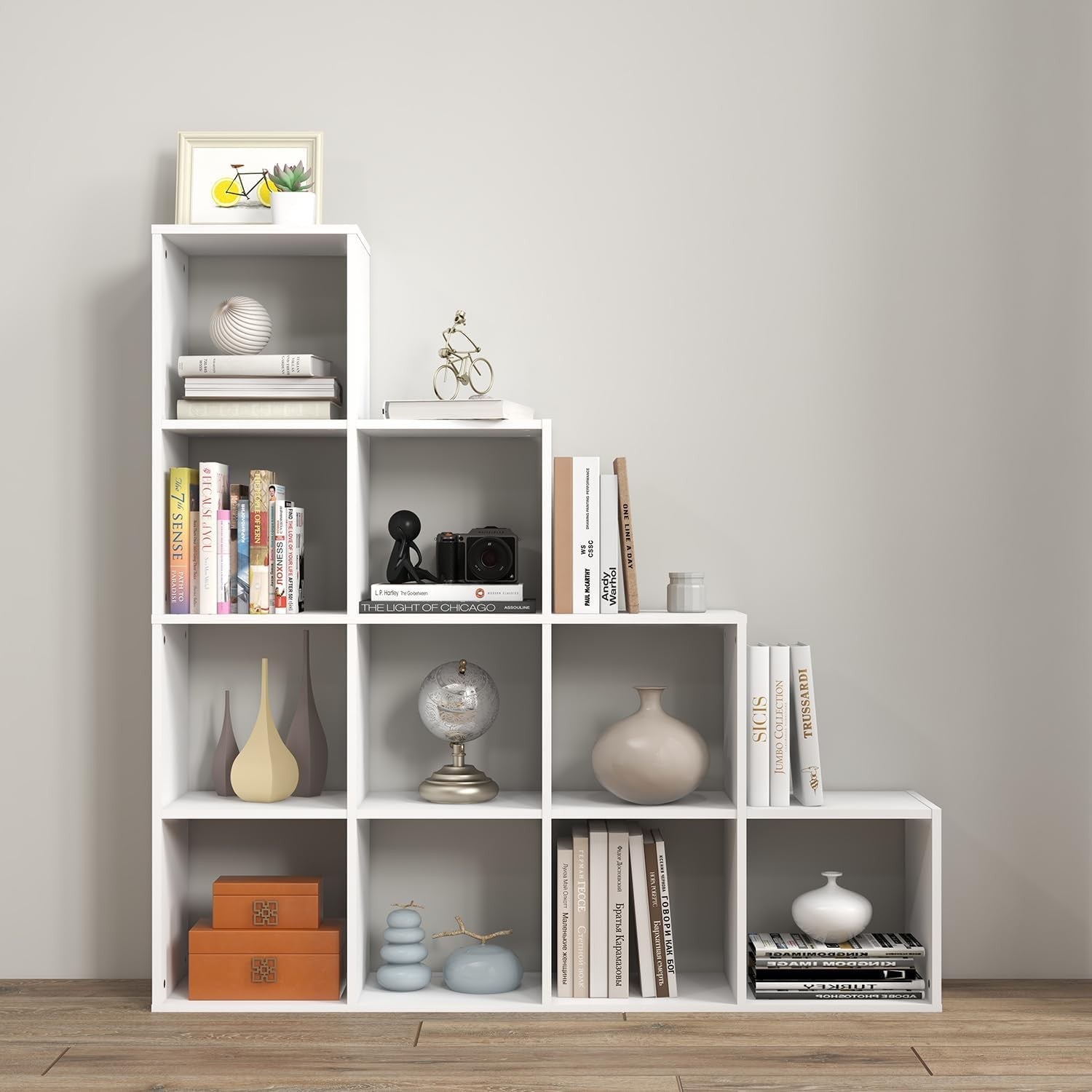 10-Cube Wooden Display Shelf Stair Bookcase Modern Storage Unit for Home & Offic