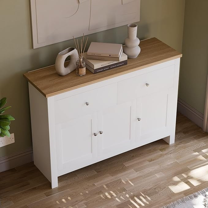 White & Oak Sideboard Cabinet Buffet Table with 2 Drawers & 3 Cupboard Doors
