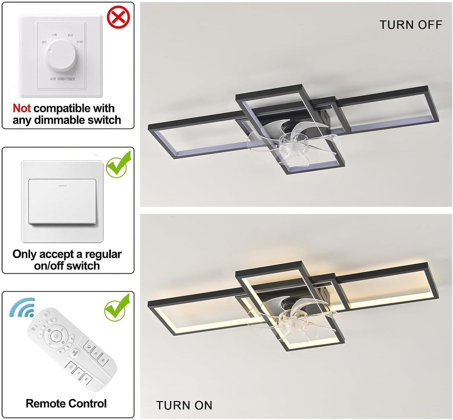 JIINOO 90CM Ceiling Fan with LED Light, 6-Speed, Reversible Motor, Remote
