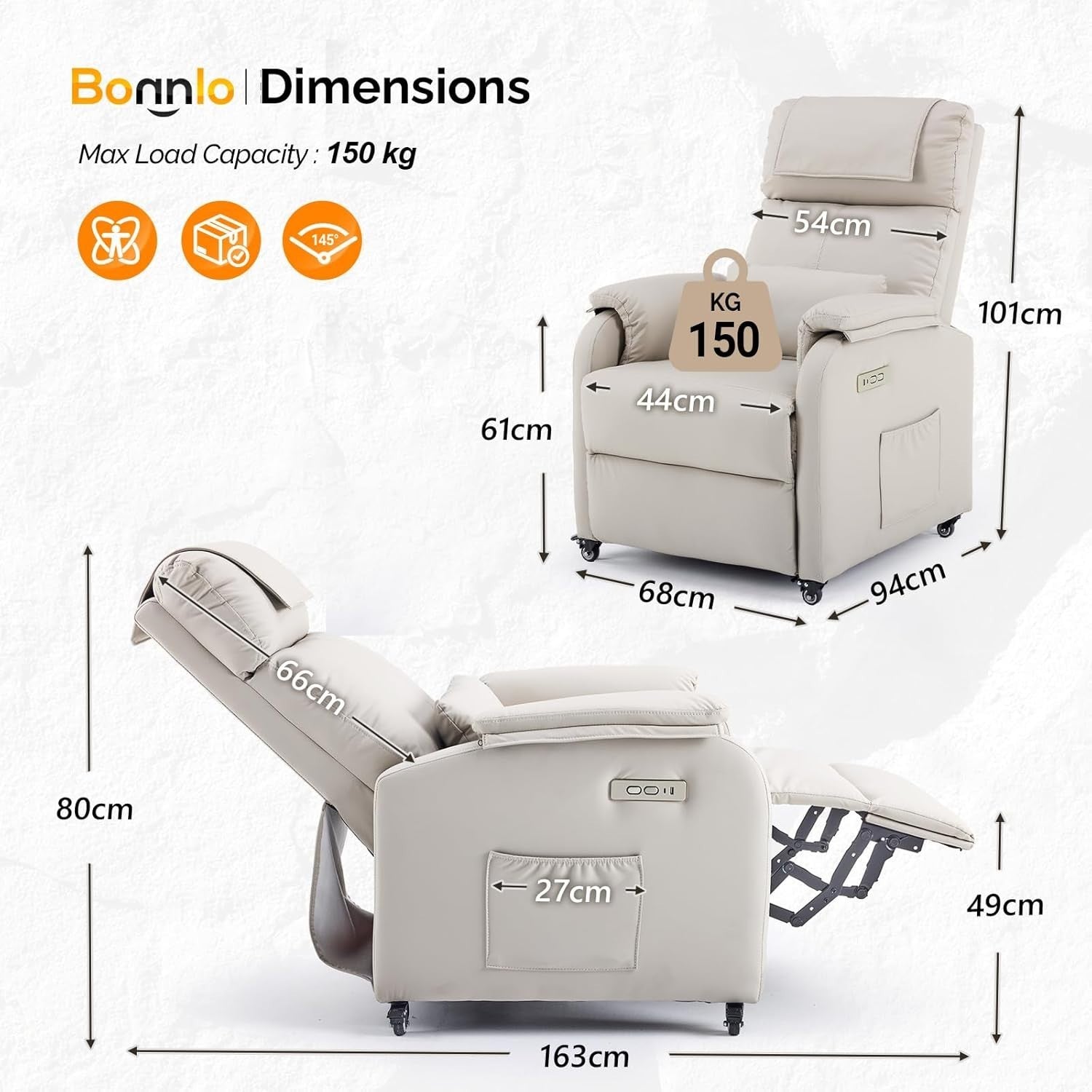 Electric Recliner Chair w/ Wheels Massage Heat Back Footrest Leather Pearl Grey