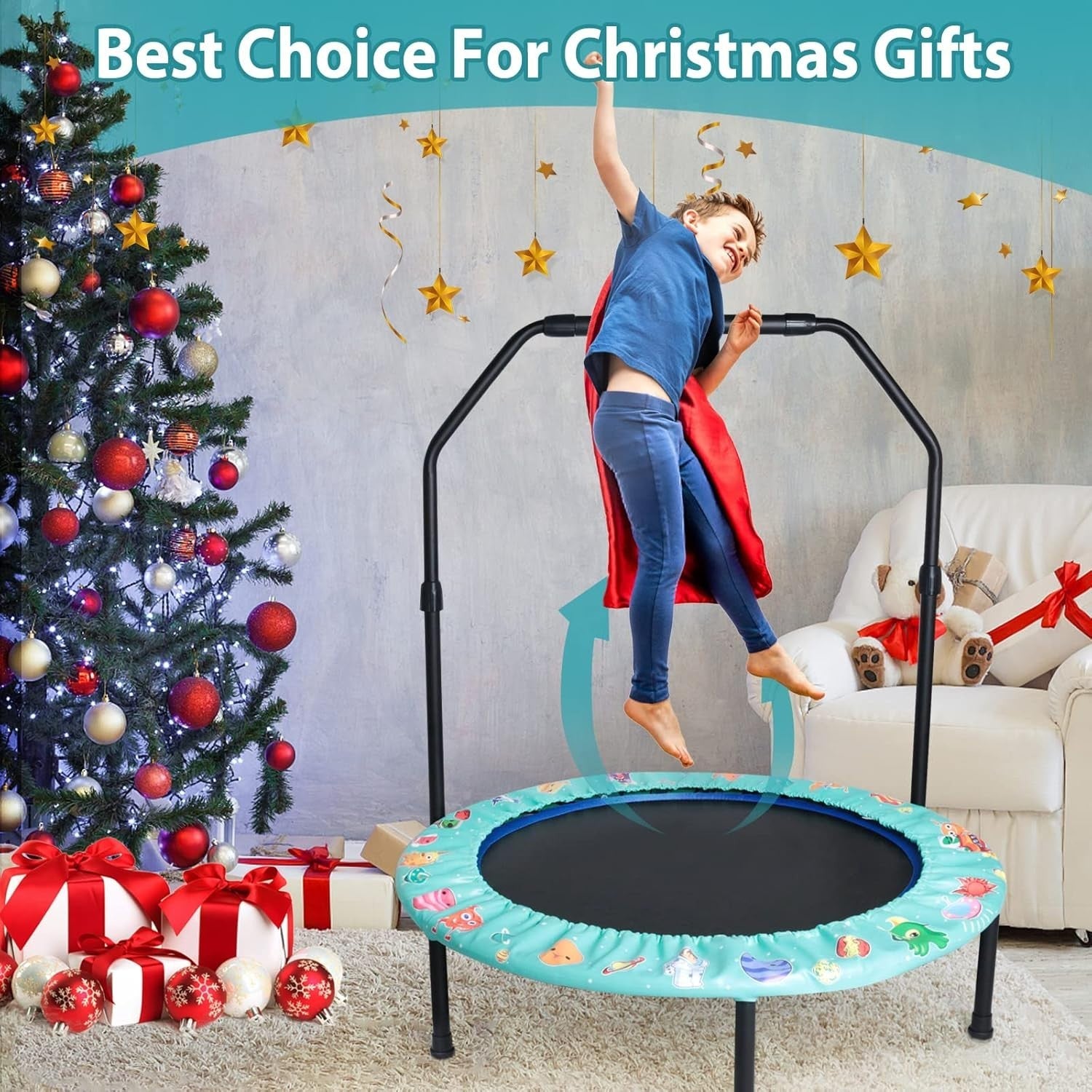 36'' Kids Foldable Trampoline with Adjustable Handle Quiet Indoor Outdoor Green