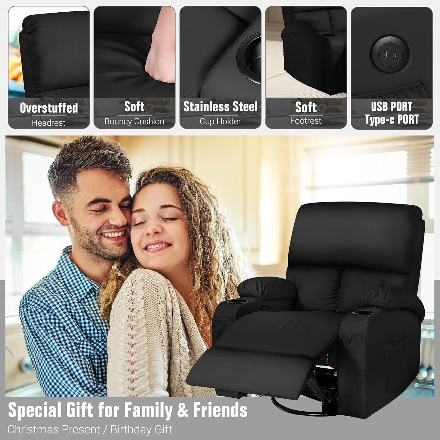 Rocking Recliner Chair Massage Heat 360° Swivel USB Type-C Faux Leather Black
