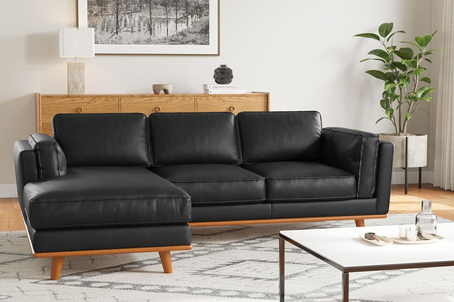 Italian Leather Corner Sofa Black – Left Chaise, Solid Wood, 4 Seater