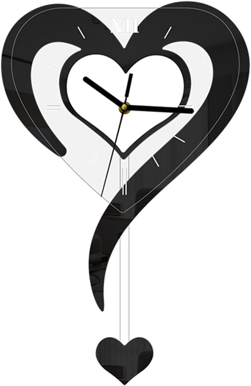 Black Heart Wall Clock Modern Silent Acrylic Hanging Decor for Bedroom Office