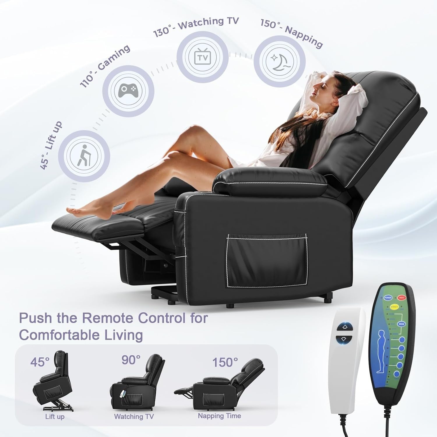 Electric Lift Recliner Chair Massage Heat USB Type-C Oversized Black Armchair