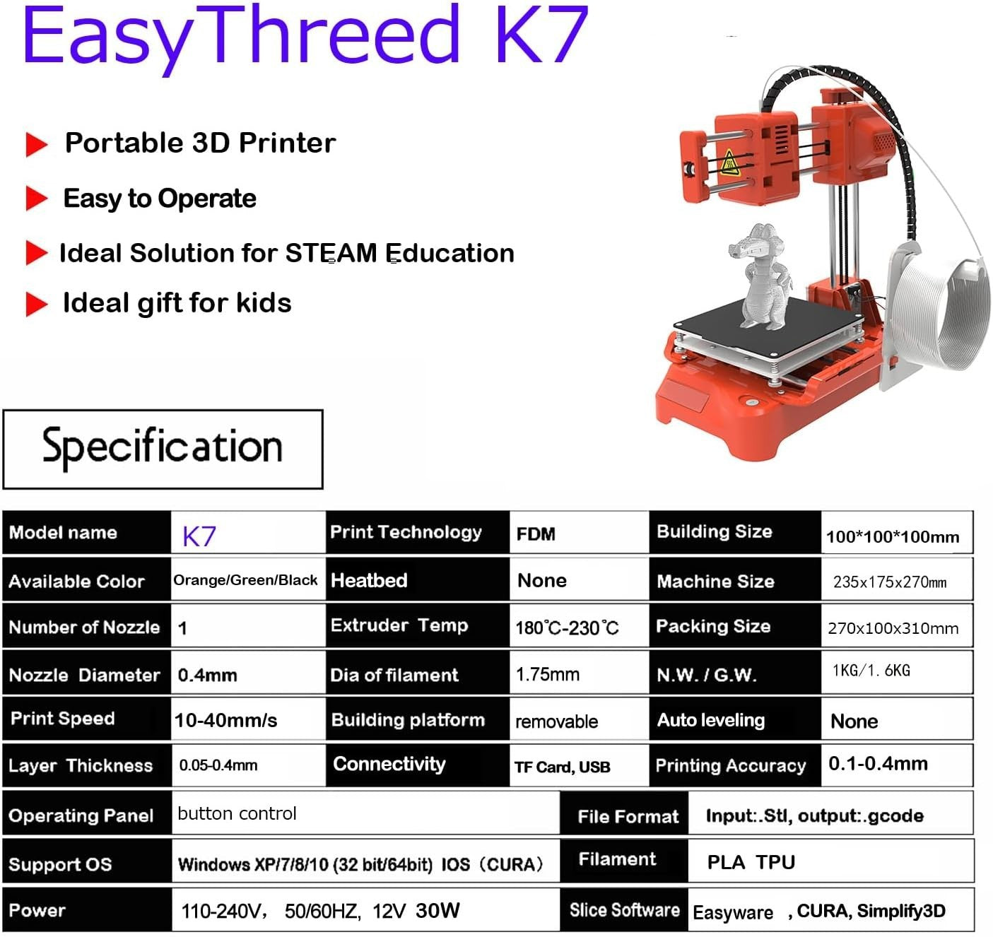 Mini 3D Printer Leveling Free One Key Silent 100x100x100mm Beginner