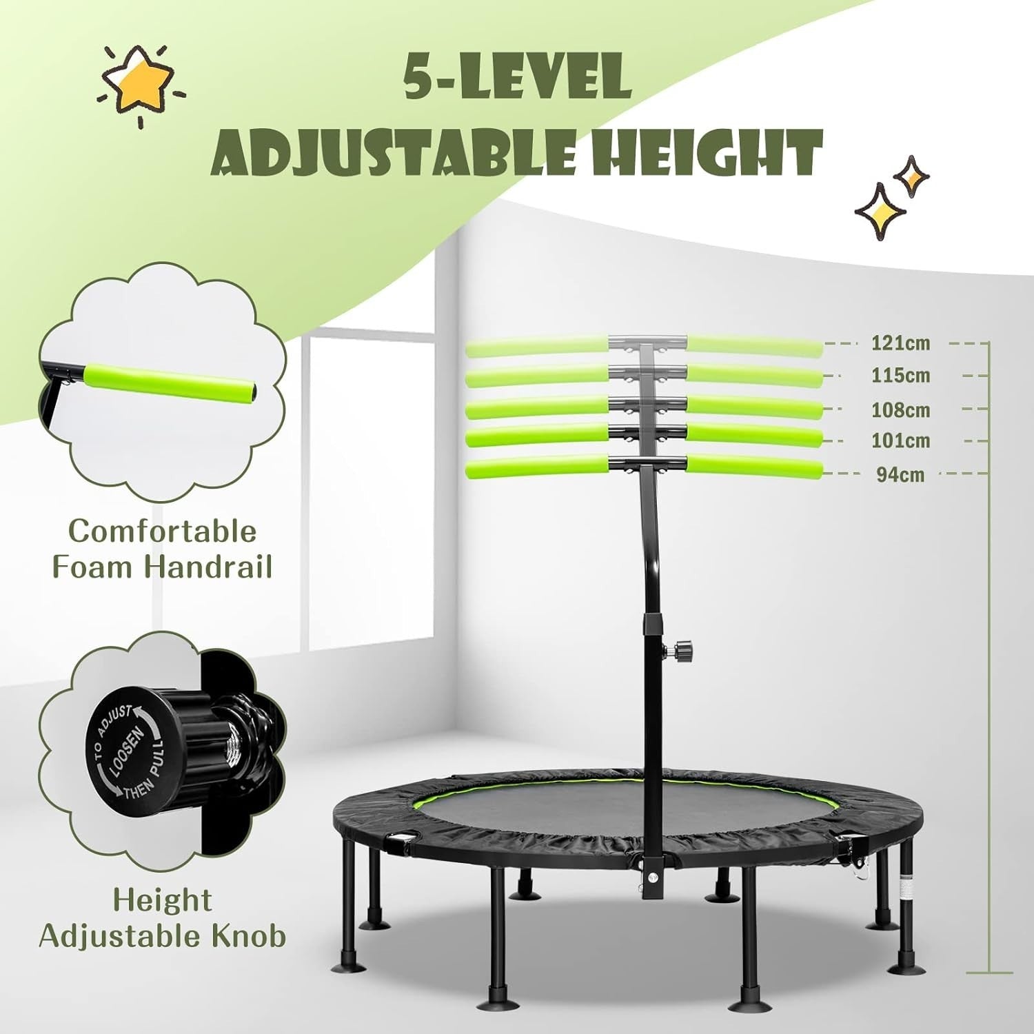 45'' Mini Trampoline Fitness Rebounder Foldable Adjustable Handle 100KG