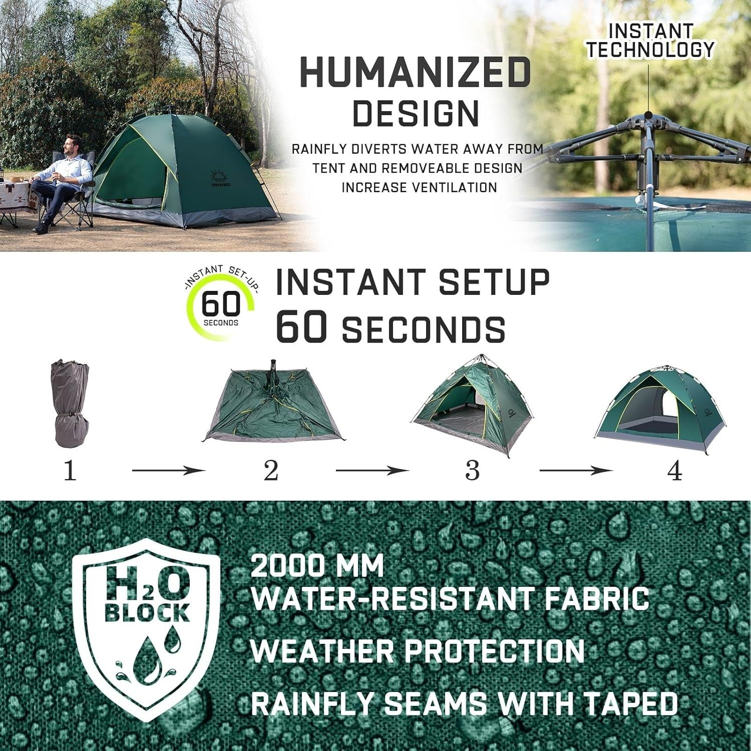 2 Man Pop Up Camping Tent Waterproof Instant Double Layer w/ Bag