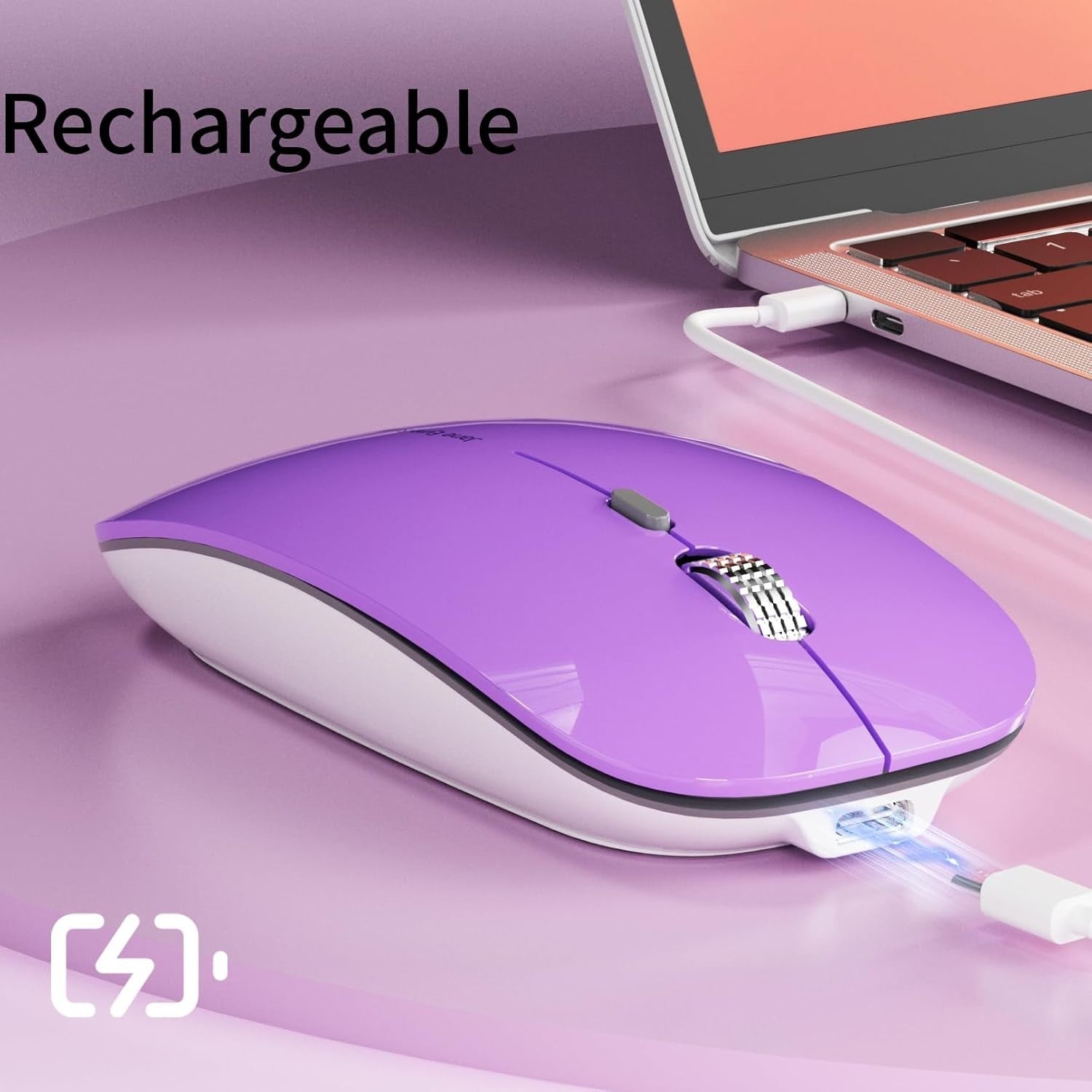 Portable Wireless Mouse Silent Rechargeable 2.4G 1600 DPI Purple