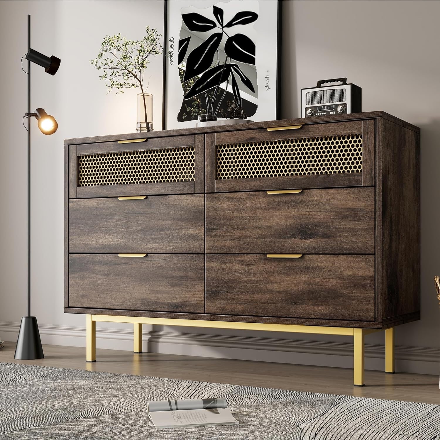 Wood Sideboard Cabinet 120cm 6 Drawer Storage Unit Metal Legs Modern Hallway