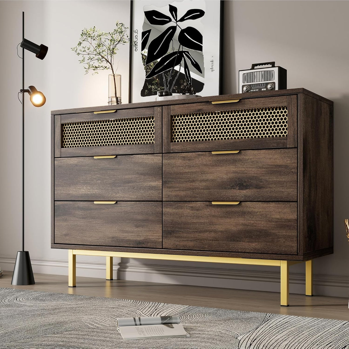Wood Sideboard Cabinet 120cm 6 Drawer Storage Unit Metal Legs Modern Hallway