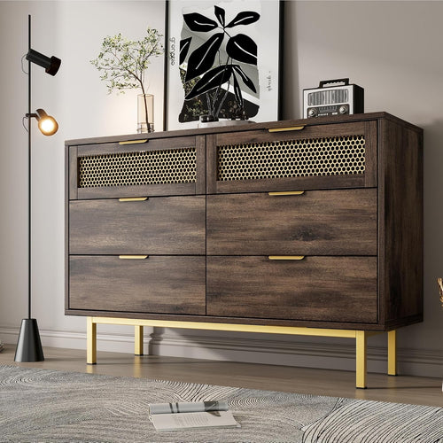 Wood Sideboard Cabinet 120cm 6 Drawer Storage Unit Metal Legs Modern Hallway