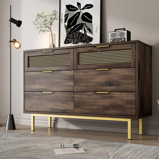 Wood Sideboard Cabinet 120cm 6 Drawer Storage Unit Metal Legs Modern Hallway