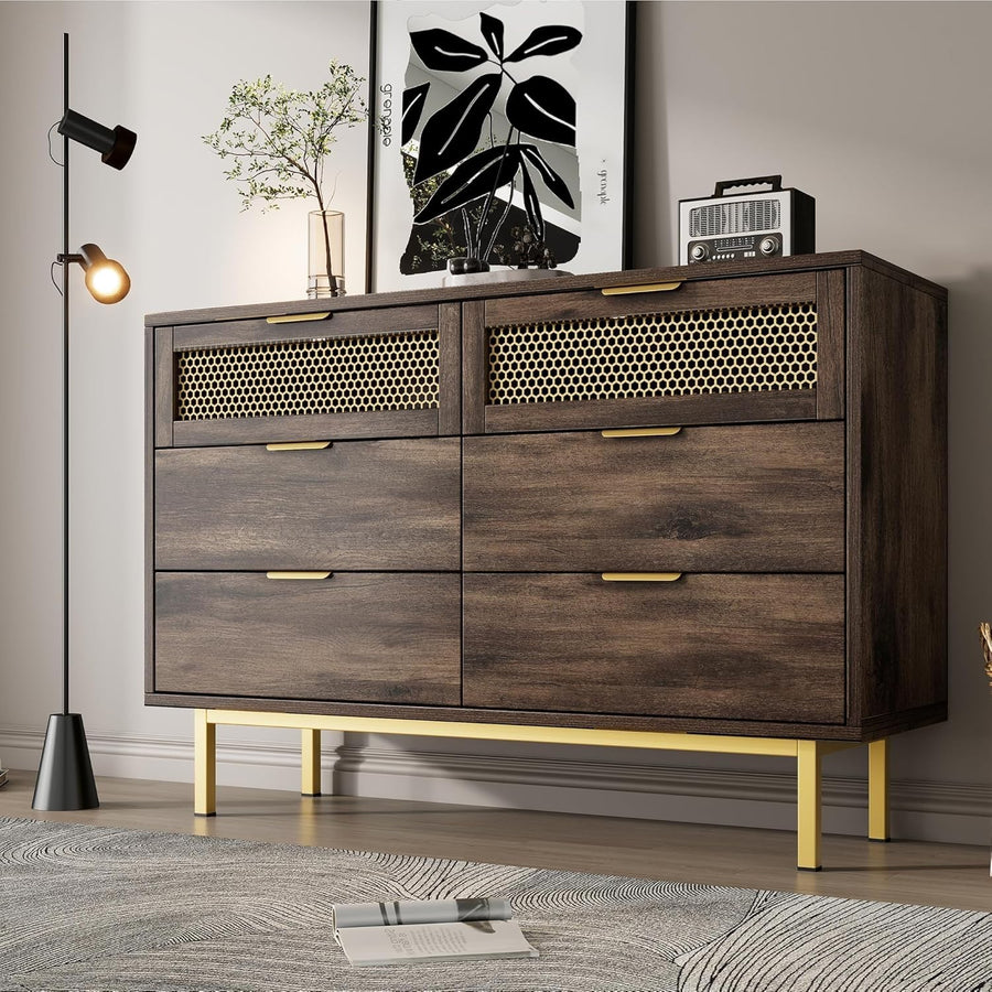Wood Sideboard Cabinet 120cm 6 Drawer Storage Unit Metal Legs Modern Hallway
