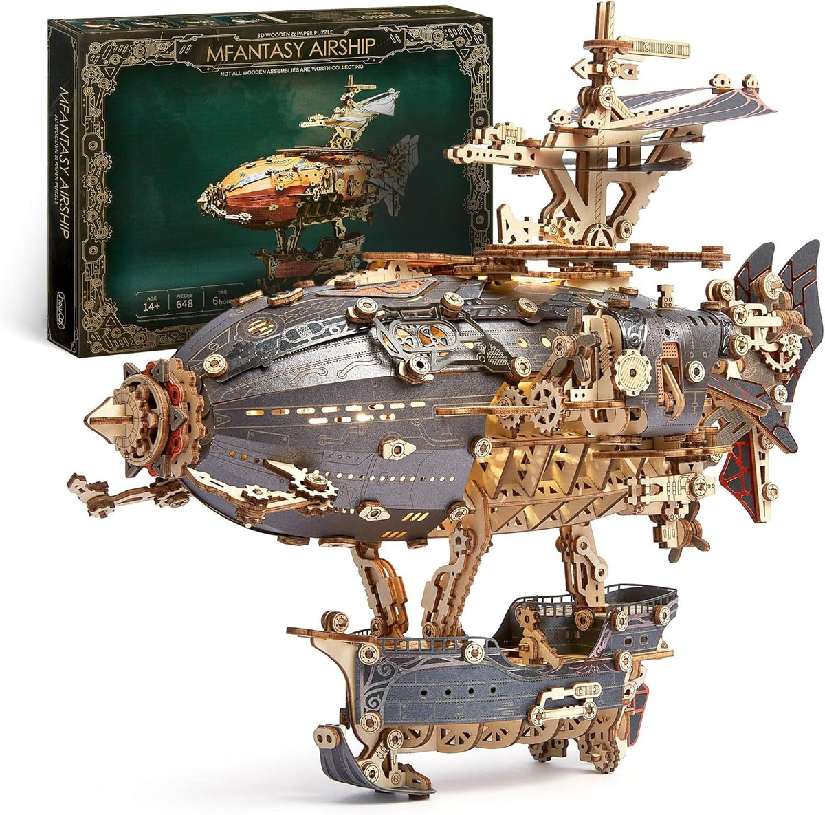 3D Wooden Steampunk Airship Puzzle Kit with LED Lights DIY Gift for Adults