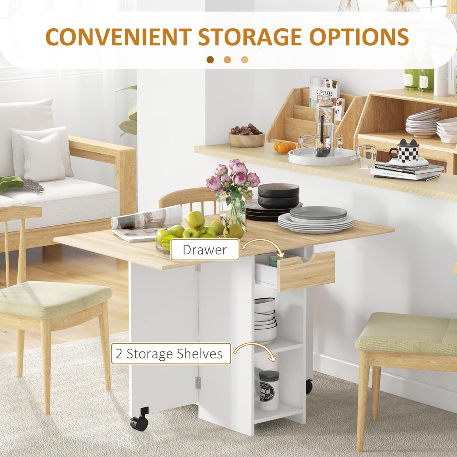 Folding Drop Leaf Dining Table with Drawer Shelves Oak Space Saver
