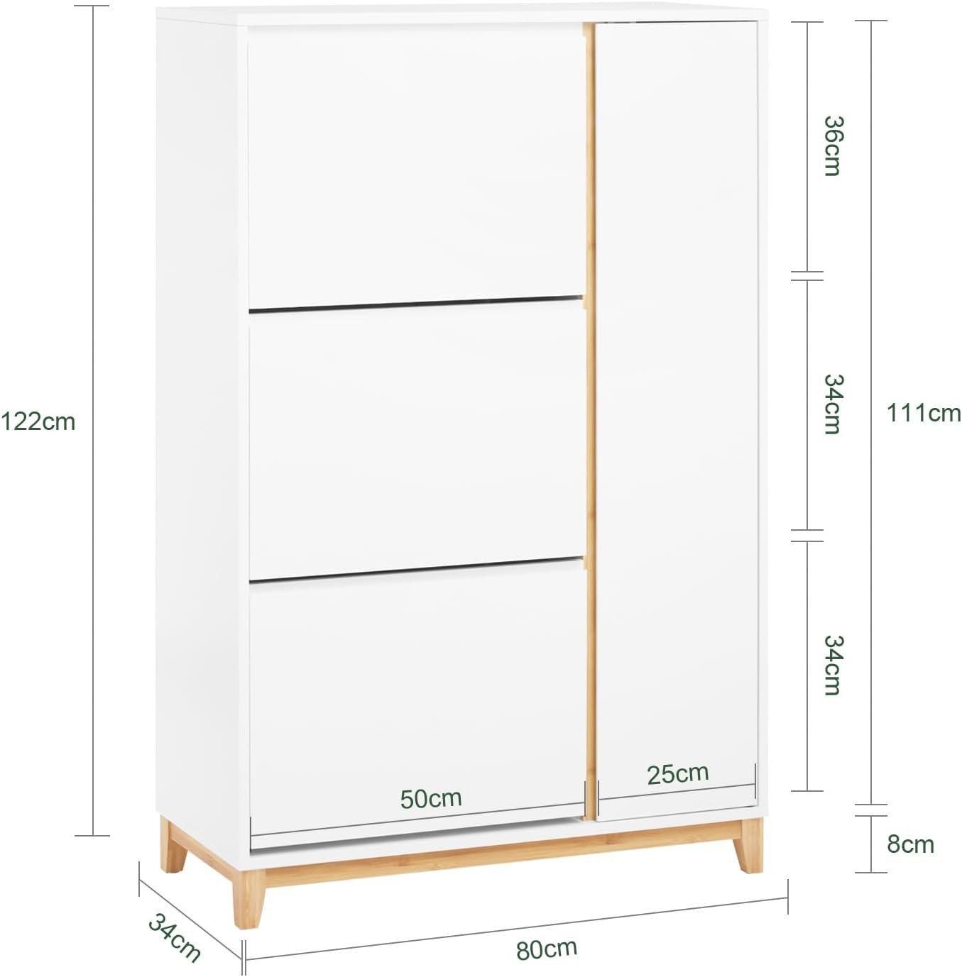 White Slim Shoe Cabinet 3 Flip Drawers & Cupboard Adjustable Shelf 80x34x122cm