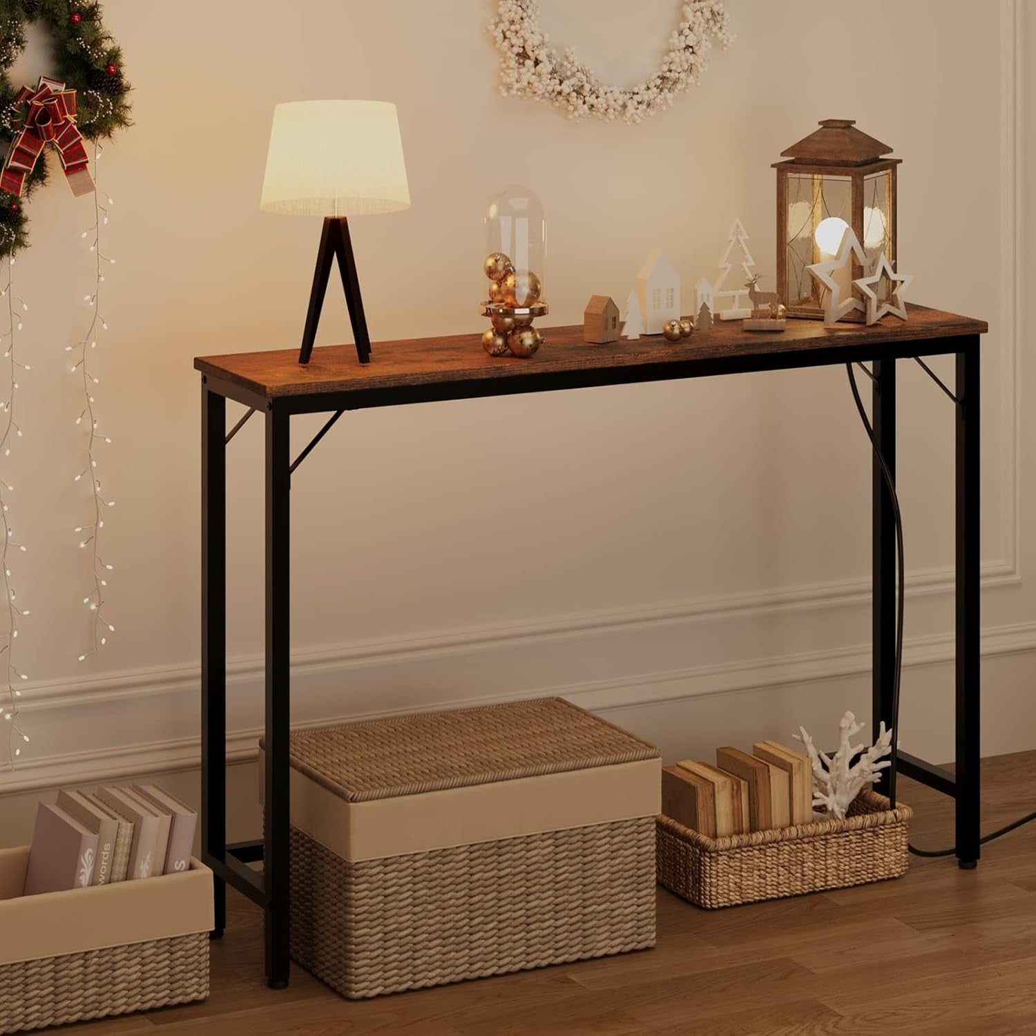 Narrow Console Table with Charging Station & USB Ports, 23x100x80cm, Brown