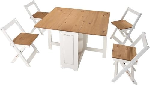 White Distressed Waxed Pine Butterfly Dining Set Table + 4 Chairs