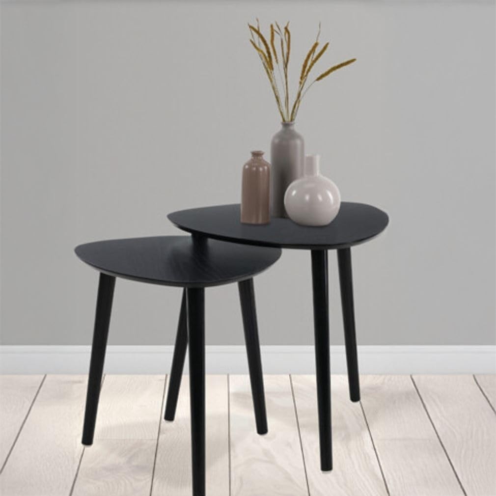 Set of 2 Black Wood Nesting Side Tables Accent End Coffee Modern Mid Century