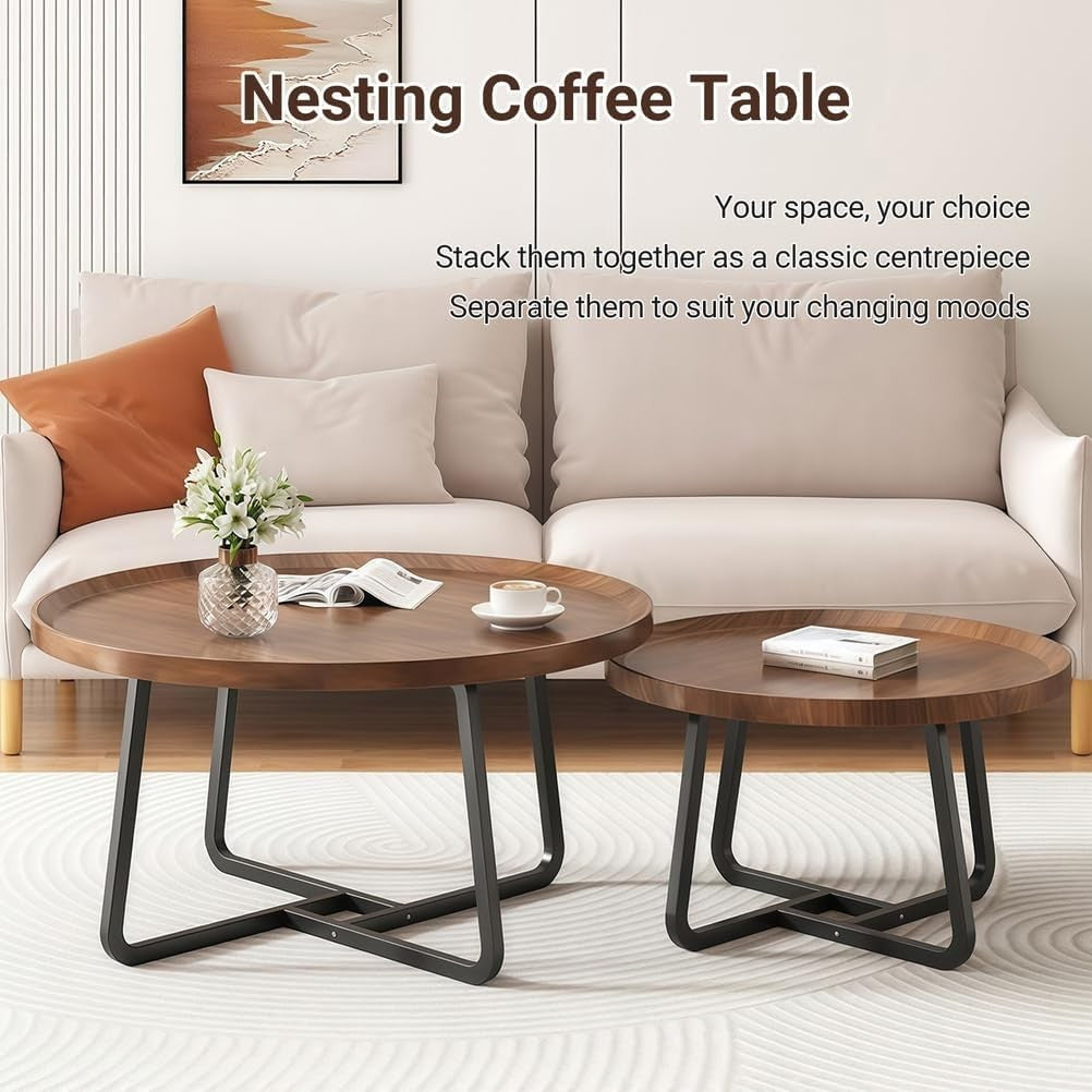 Walnut Nesting Coffee Tables Set of 2 Round Side Table Living Room Storage