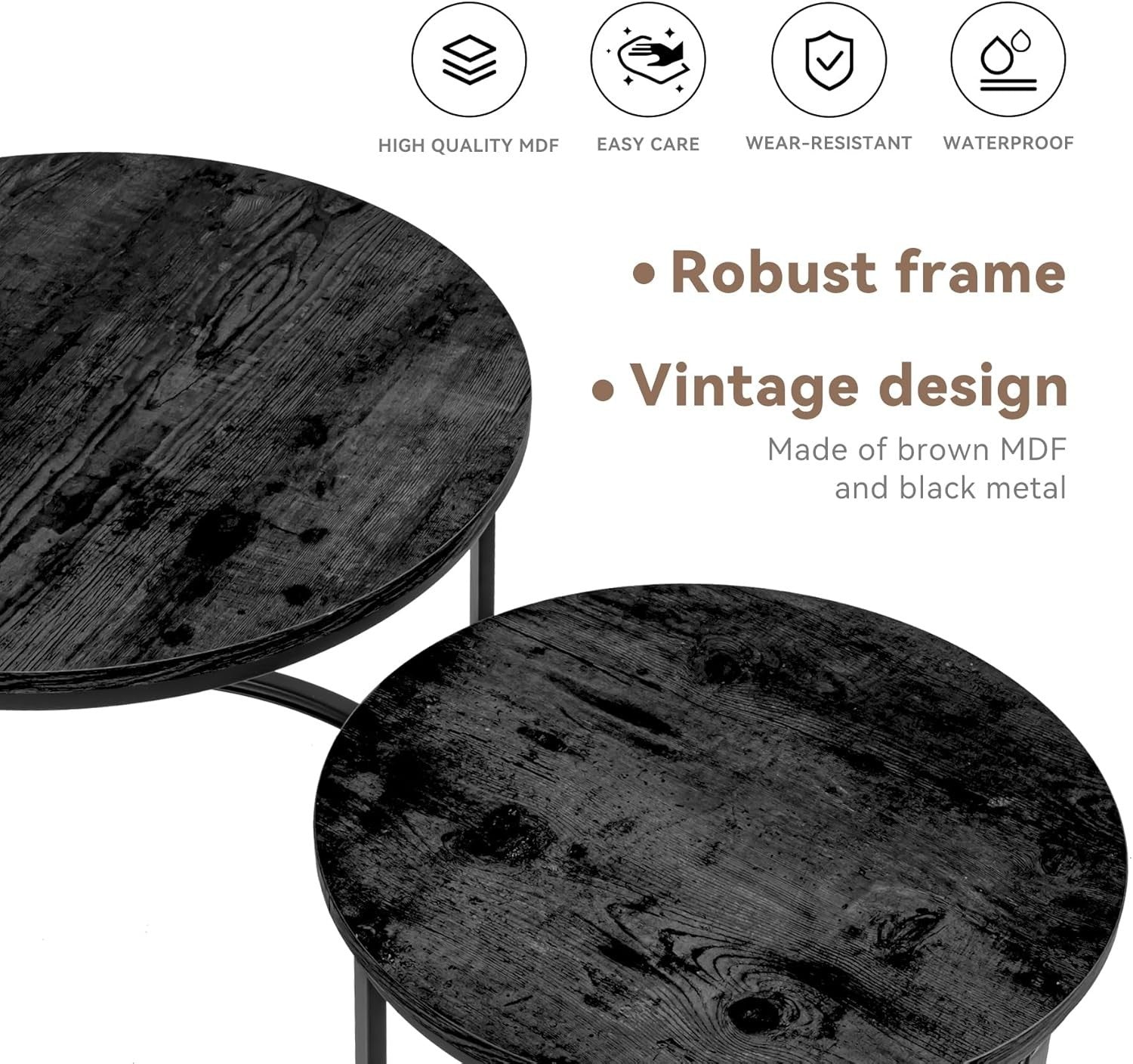 Round Nesting Coffee Tables Set of 2, Storage Shelf, Metal Frame, Modern
