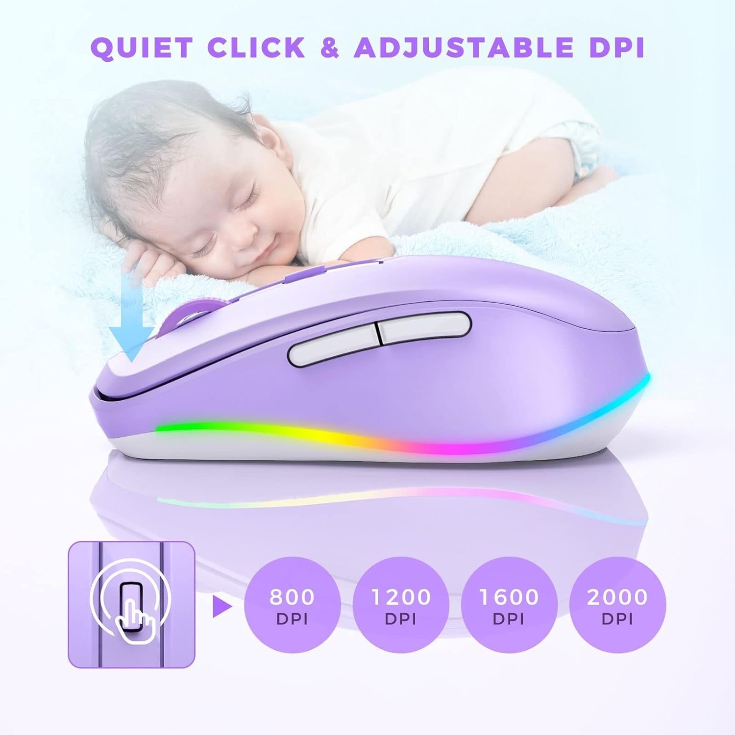 Purple RGB Wireless Mouse Rechargeable Silent USB Jiggler