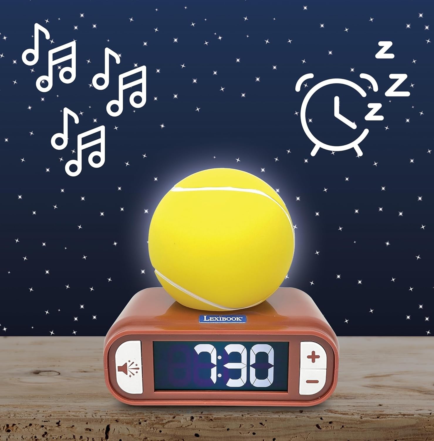 Kids Tennis Ball Alarm Clock Yellow Night Light LCD Snooze Sounds