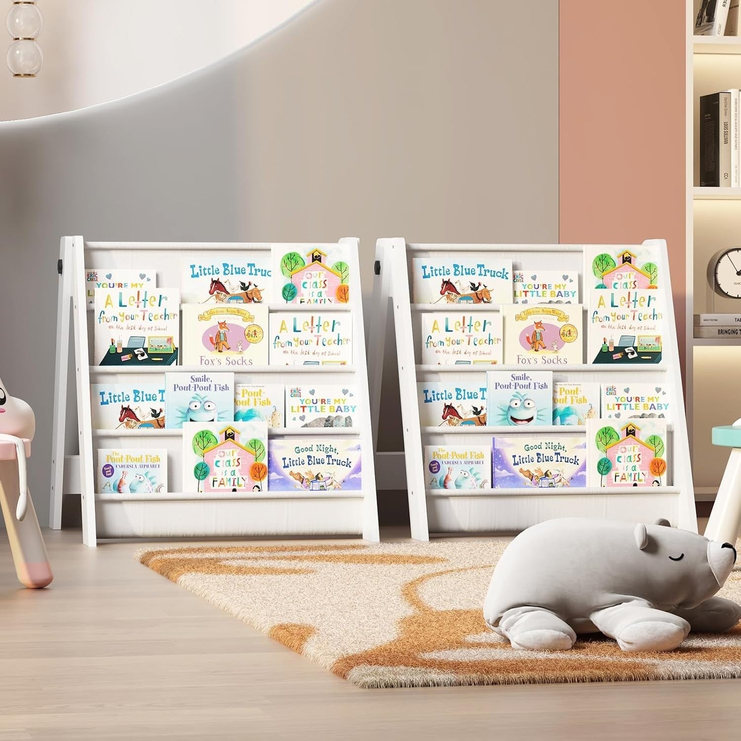 4-Tier Foldable Kids Bookshelf with Deep Fabric Pockets Storage Rack