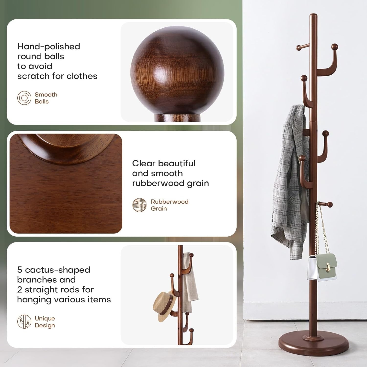 Solid Walnut Wood Coat Rack 180cm Freestanding 5 Hook Stand with Round Base
