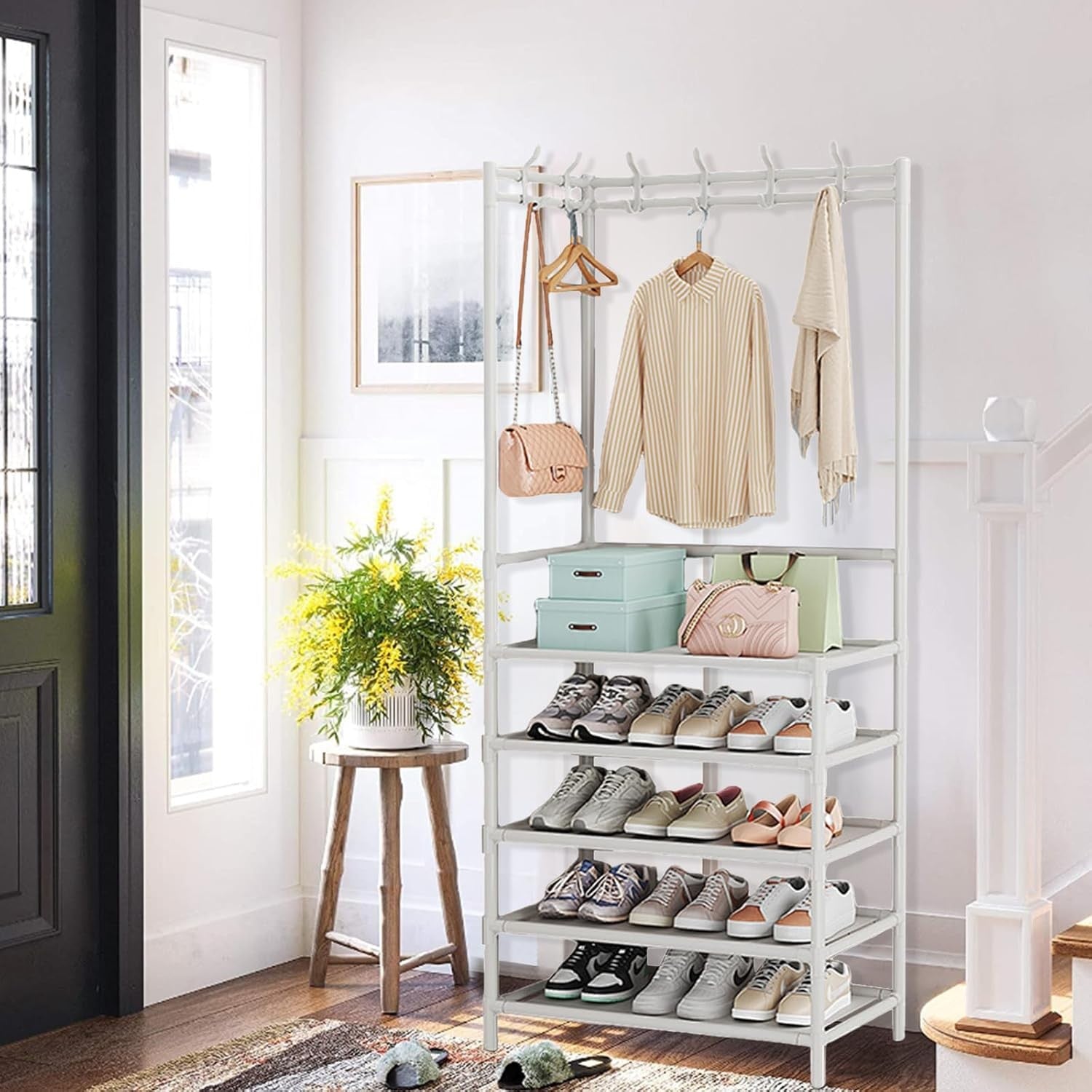 White 5-Tier Coat & Shoe Rack | Metal Hallway Storage Stand with Hooks