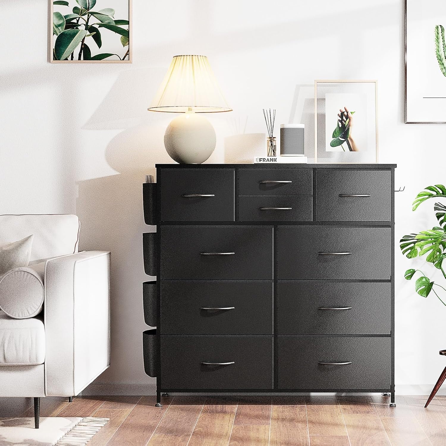 Black 10 Drawer Tall Chest with Fabric Drawers, Hooks & Side Storage Pockets