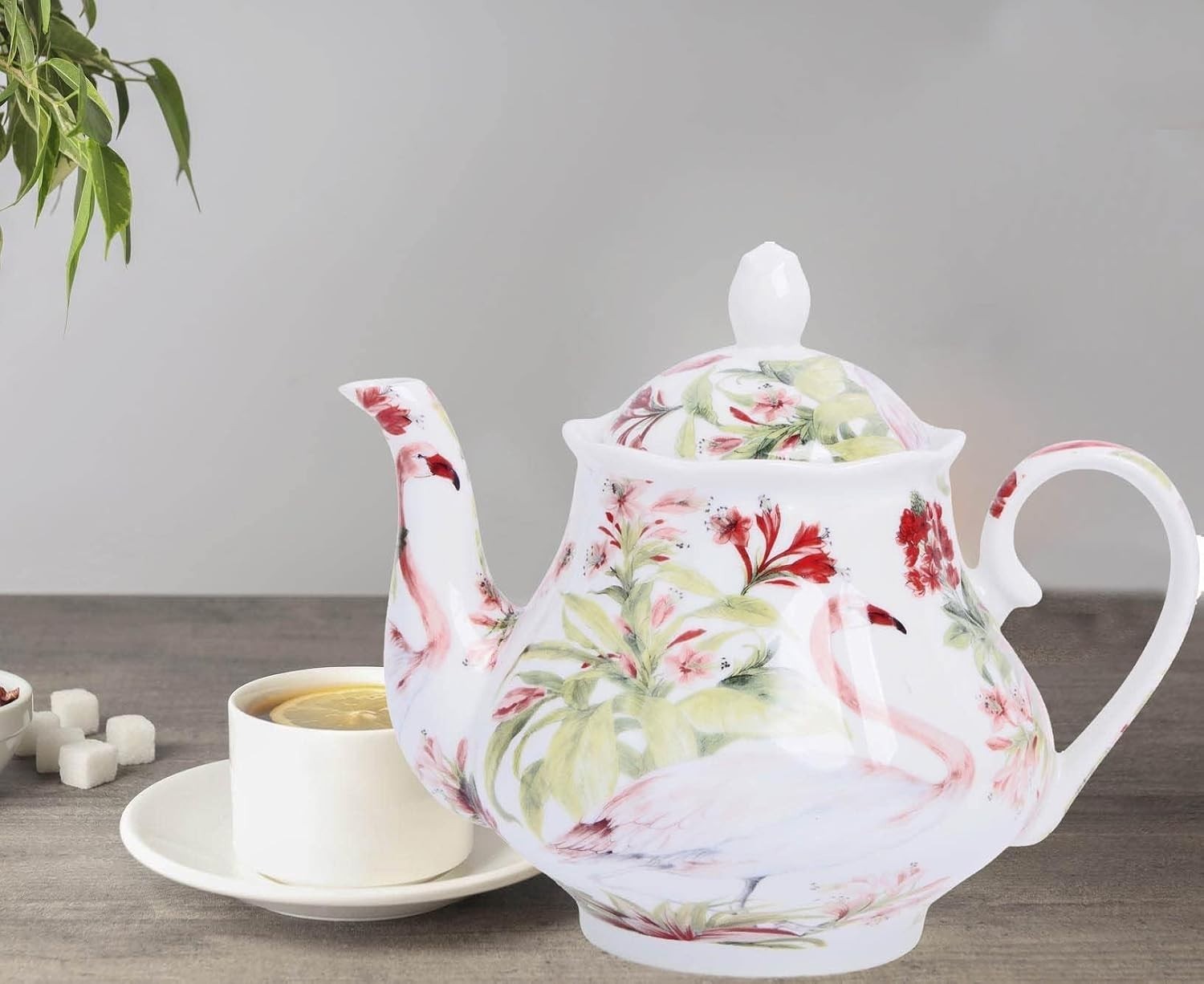 Vintage Porcelain Teapot 37oz Flamingo Tea Pot European Style Gift
