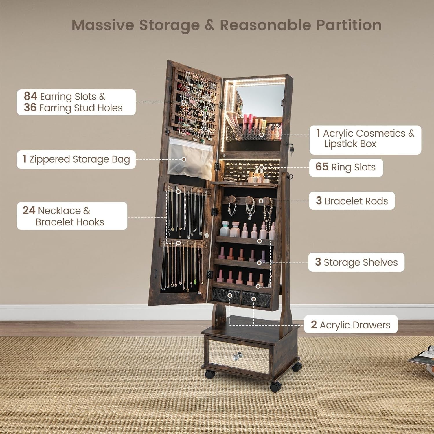 Rustic Brown LED Jewelry Armoire Lockable Mirror Cabinet with Wheels