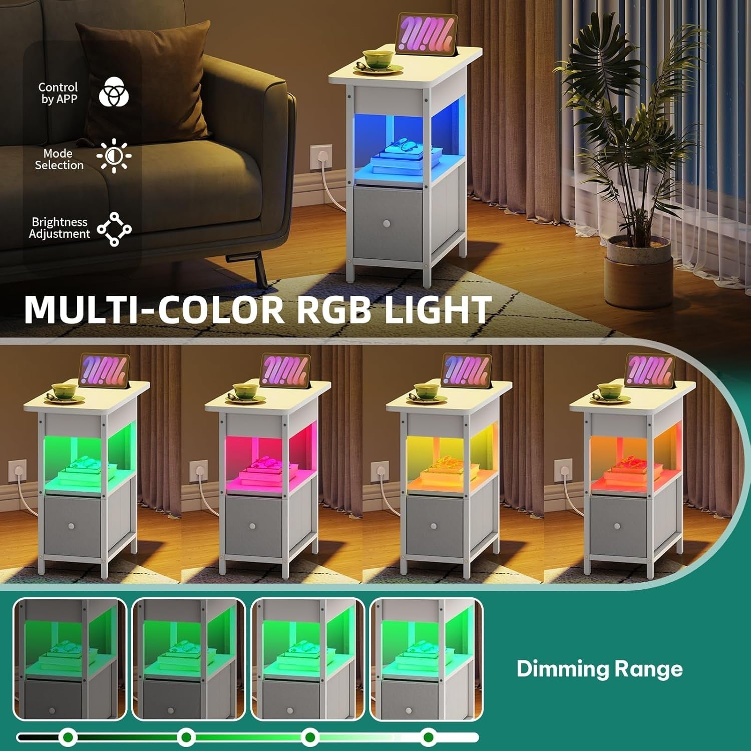 Set of 2 Smart LED Bedside Tables with USB Charging | Slim White Nightstands