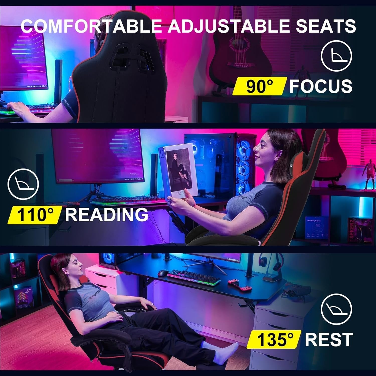 Gaming Chair Ergonomic Fabric Massage Lumbar Support Reclining Footrest Office D