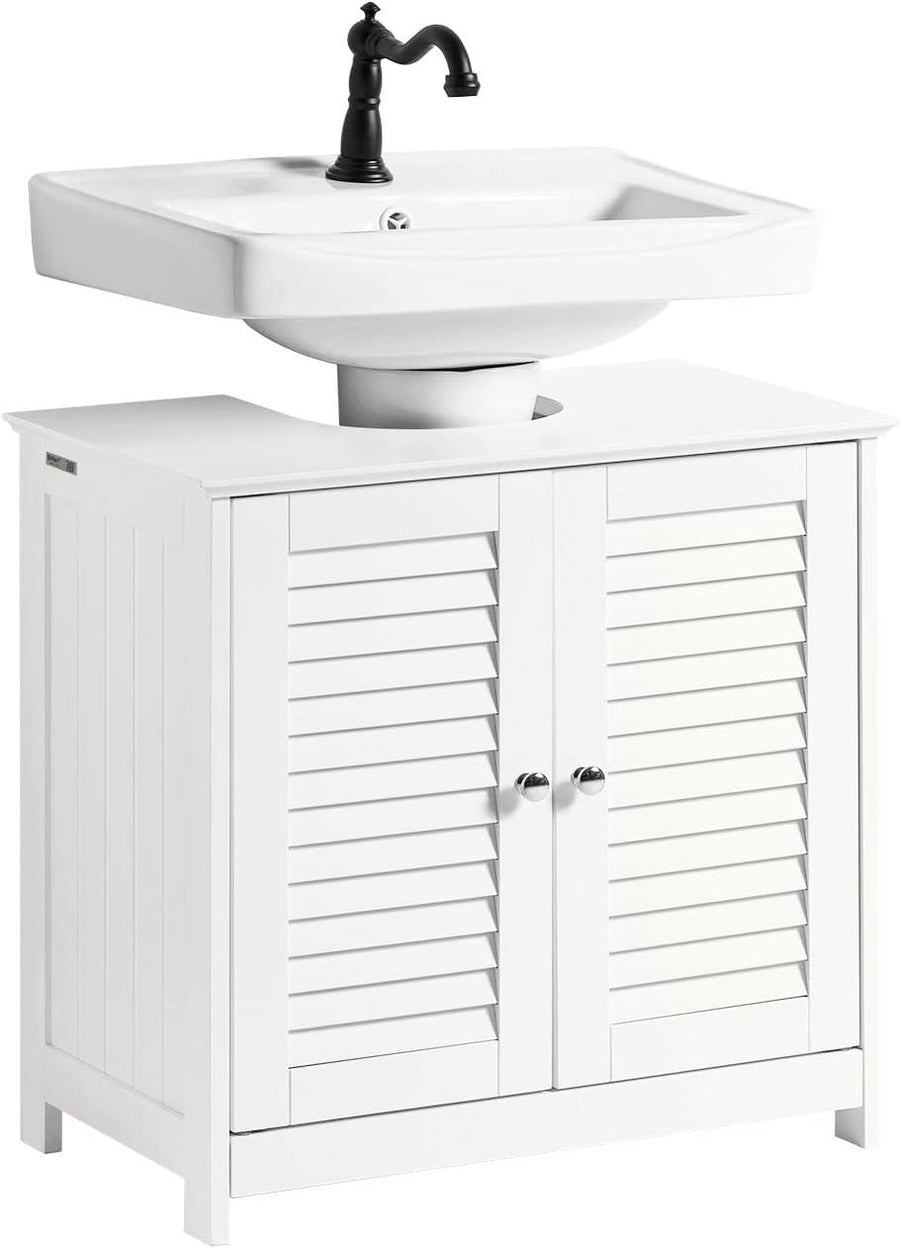 White Under Sink Bathroom Cabinet with Shutter Doors & Adjustable Shelf Unit