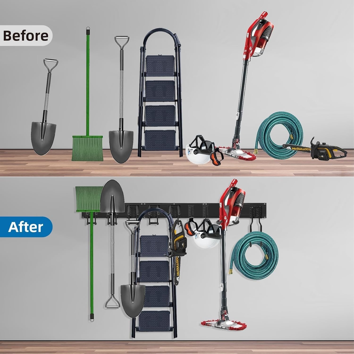 Garage Tool Rack Wall Mounted 9 Adjustable Hooks Heavy Duty Steel Black