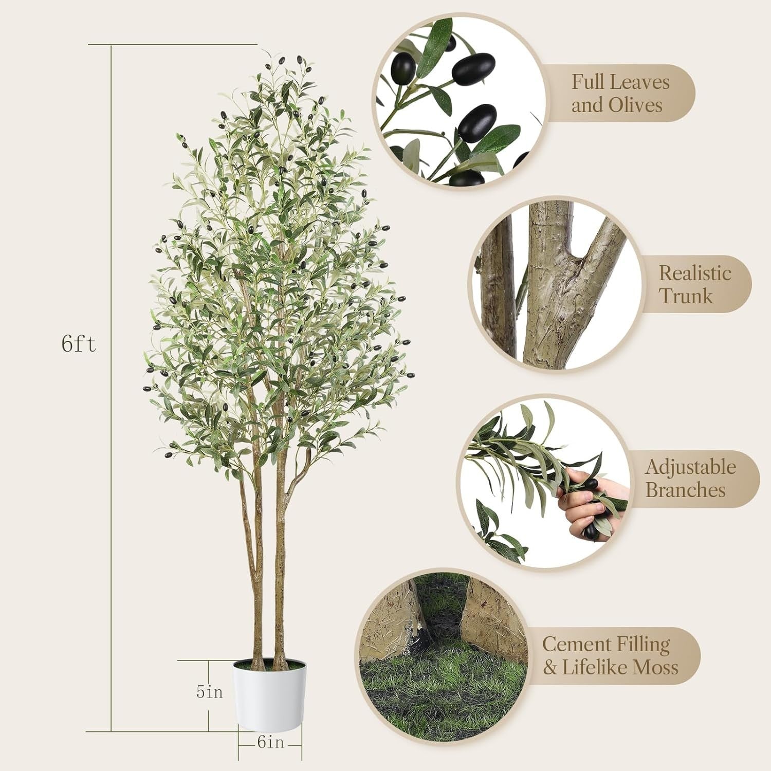 6FT Faux Olive Tree with White Pot Natural Wood Trunk Tall Indoor Floor Decor