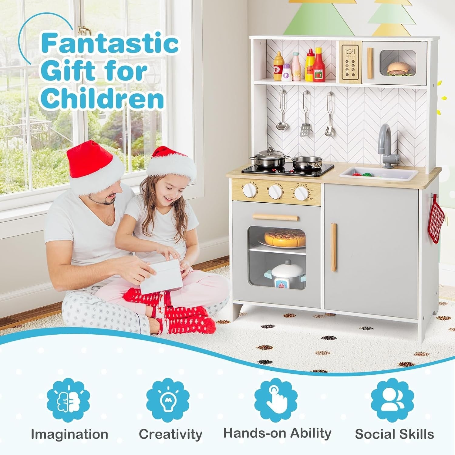 Wooden Kids Play Kitchen Lights Sounds Oven Microwave White Grey