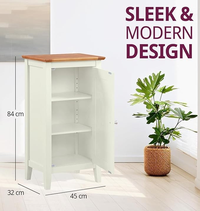 Off White Wooden Storage Cabinet 1 Door Small Cupboard with Oak Top Shelves