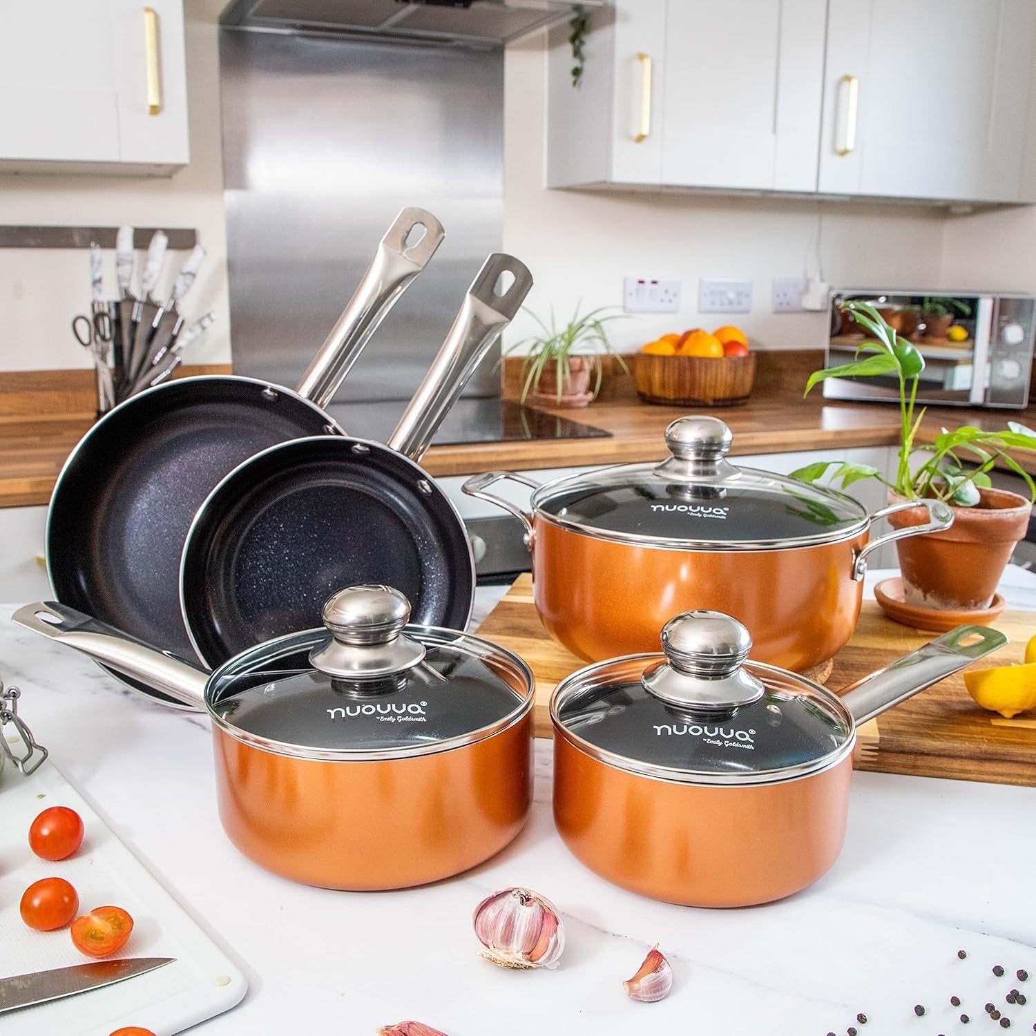 8pcs Copper Non Stick Cookware Set with Lids – Induction & Gas Safe Pots