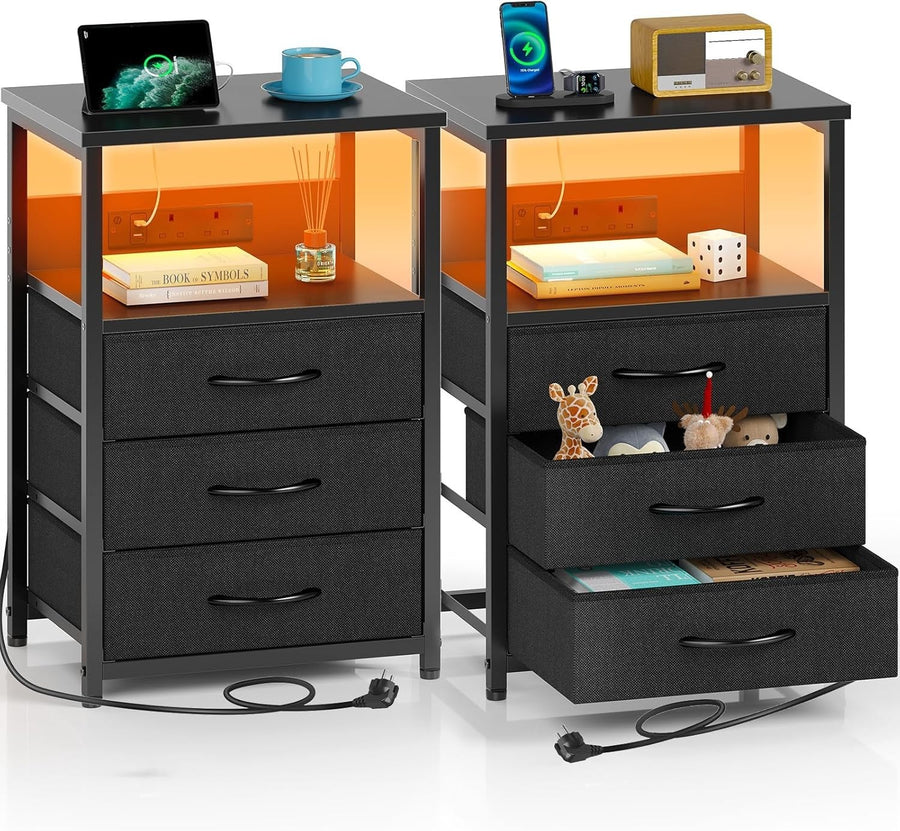 Set of 2 Black LED Bedside Tables with USB Charging | 3-Drawer Nightstands