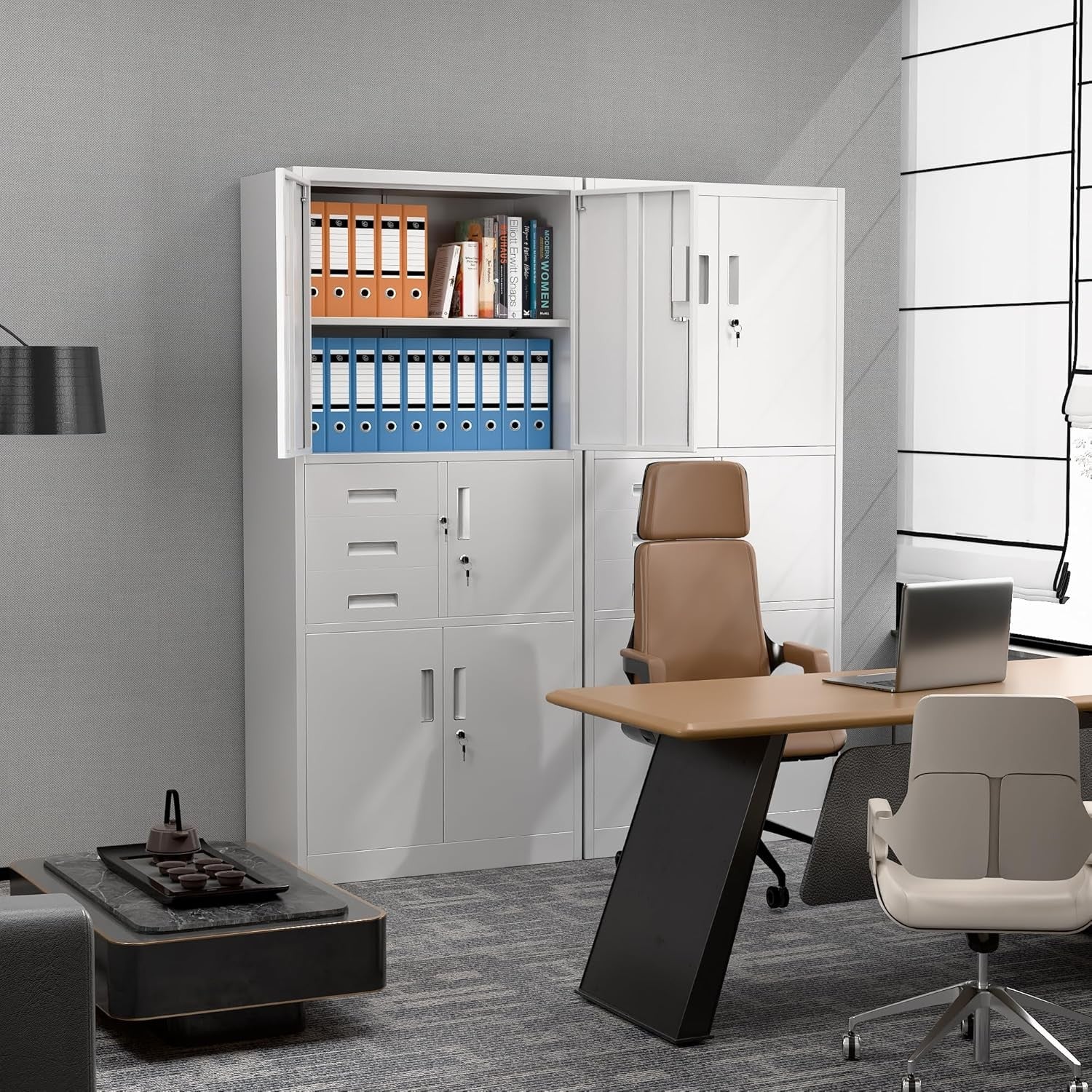 White Metal Storage Cabinet 5 Door 3 Drawer Lockable Steel Cupboard 180cm