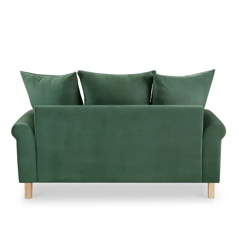 Green Velvet 2 Seater Sofa with Scatter Cushions Curved Arm Couch UK