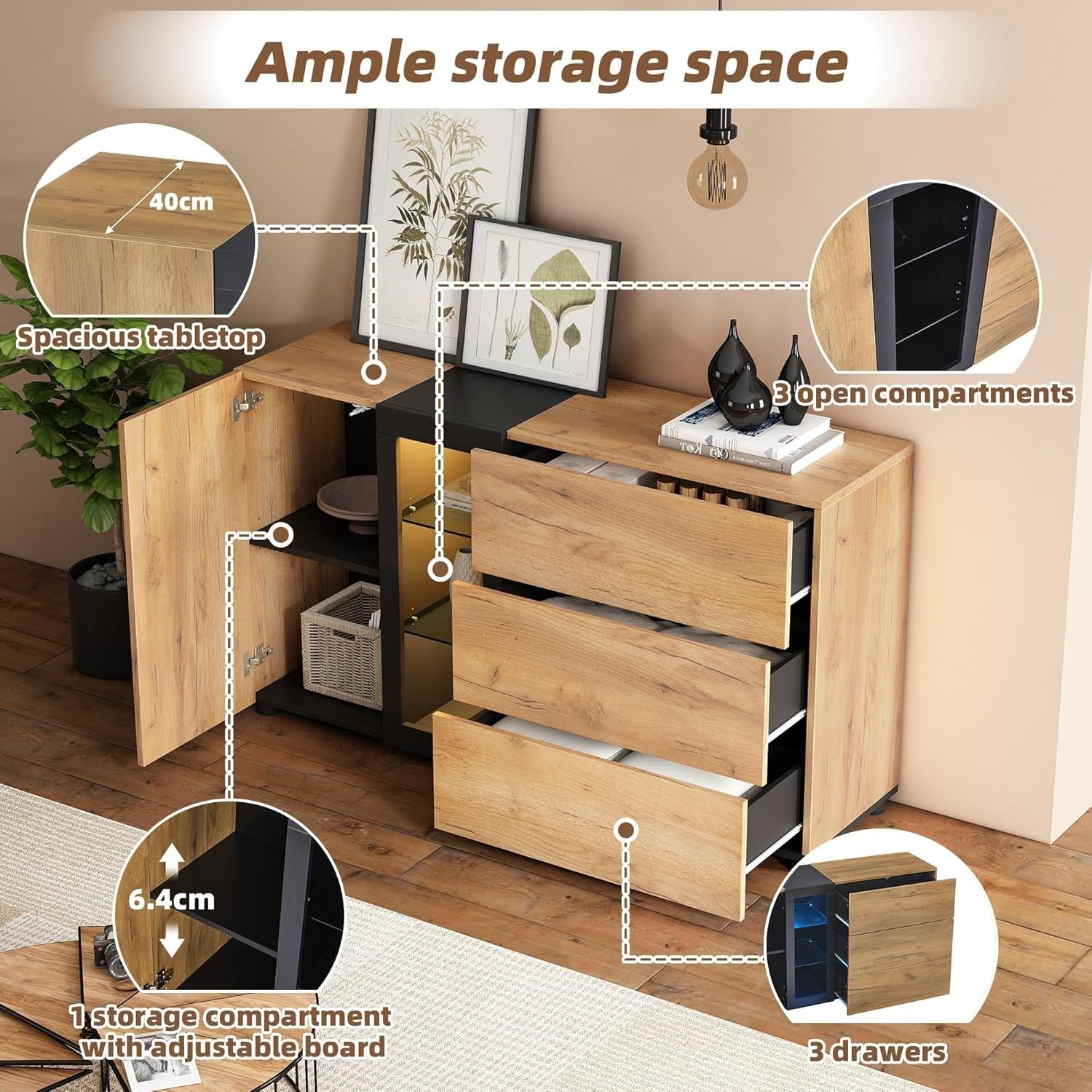 LED Sideboard Cabinet Glass Door 3 Drawers Storage Unit Brown Black