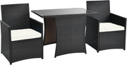 3 Piece Rattan Patio Dining Set Glass Table Outdoor Chairs with Cushions
