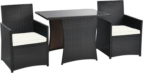 3 Piece Rattan Patio Dining Set Glass Table Outdoor Chairs with Cushions