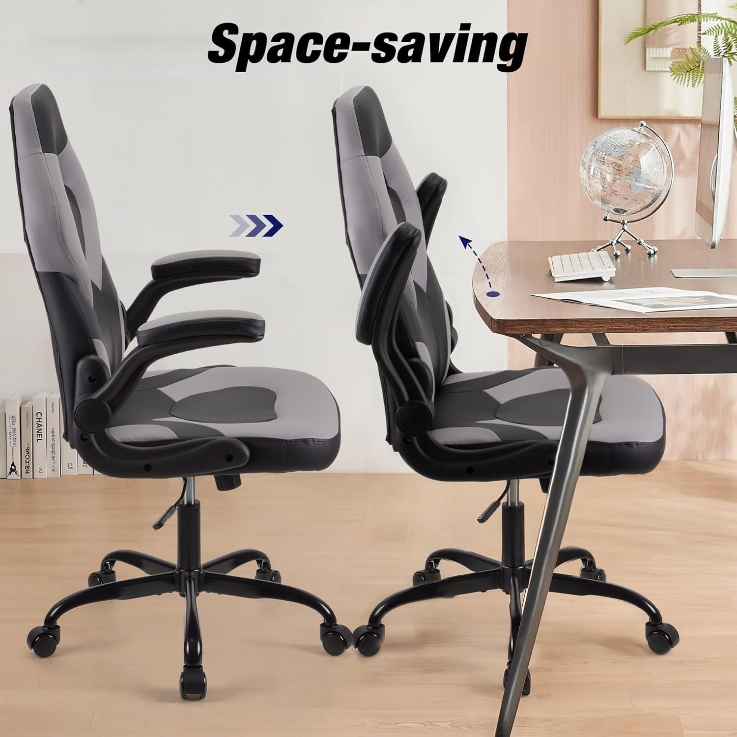 Ergonomic Grey Gaming Chair Office PC Desk Chair Adjustable Height Lumbar PU Lea