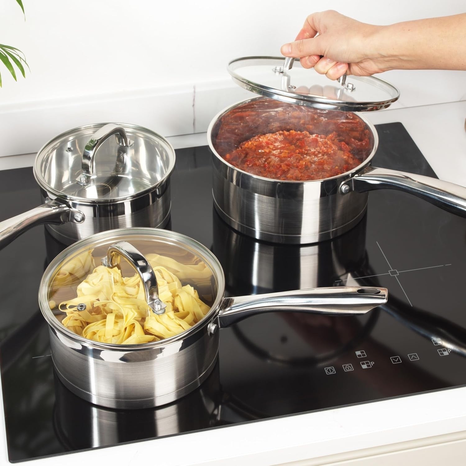 3pcs Stainless Steel Saucepan Set – 16 18 & 20 cm Induction Pans with Glass Lids